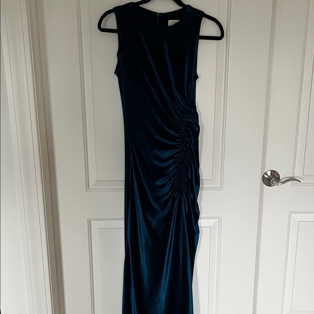 Taylor Teal Velvet Ruched-Side Maxi Dress